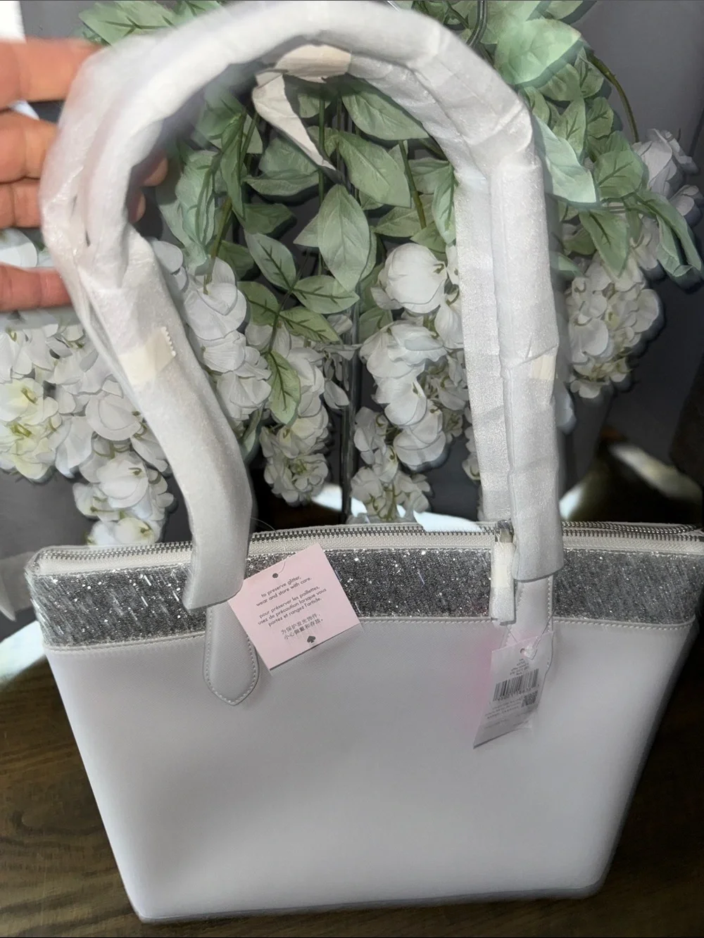 kate spade White Tote with Silver Glitter Accent
